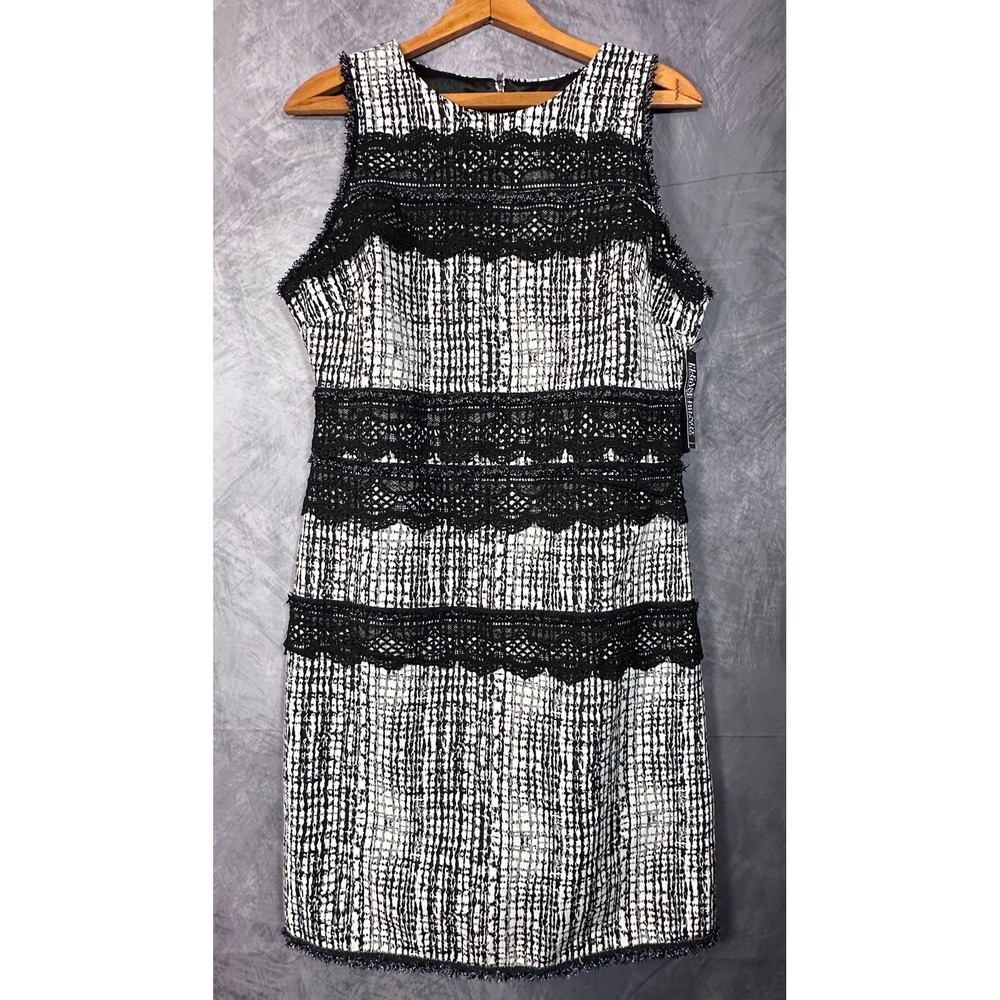 New York & Company Sheath Dress Womens Small White Black Tweed Print Lace Trim